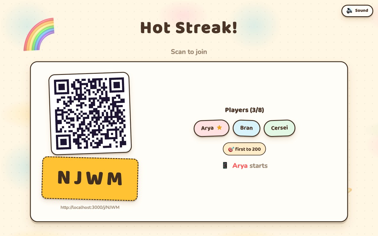 The Hot Streak lobby on a TV: a QR code, the room code, and three joined players