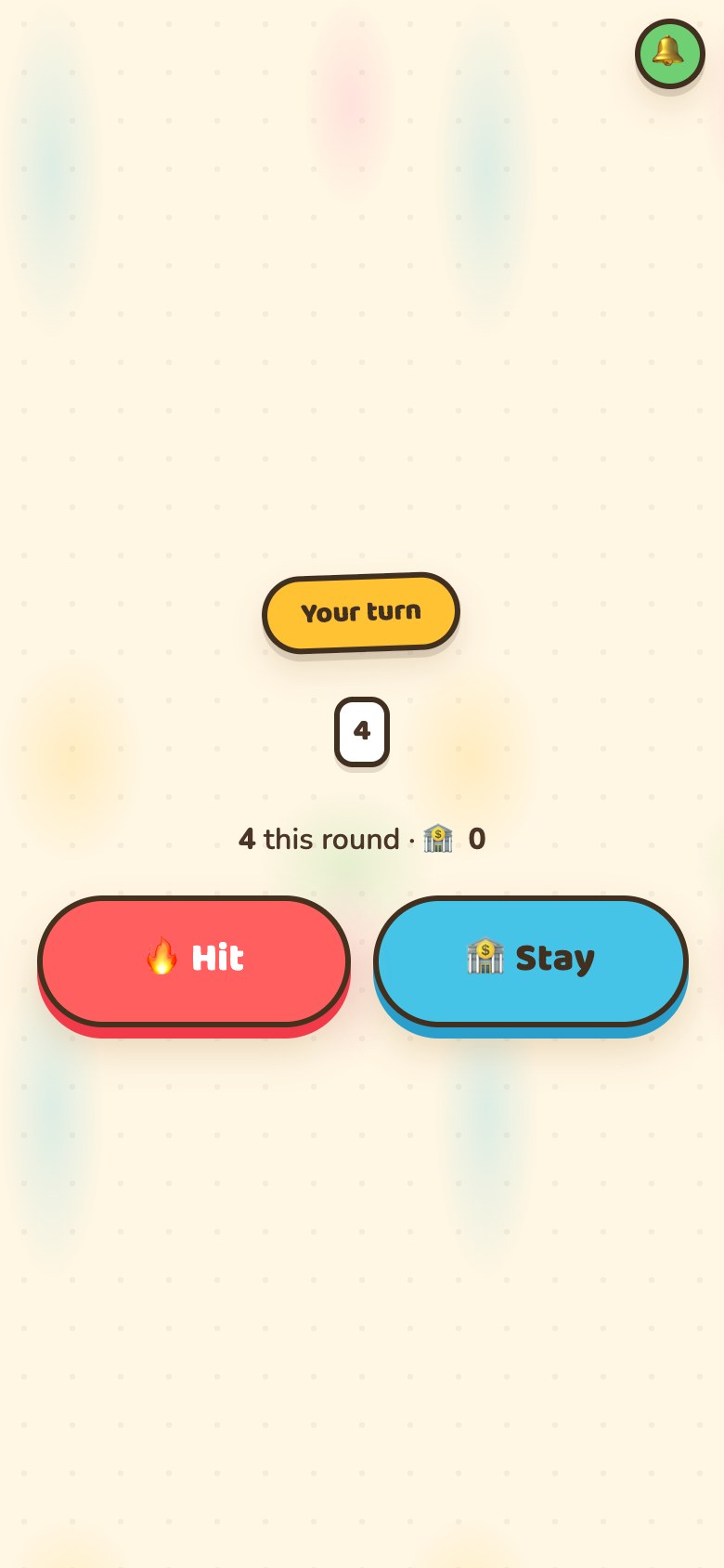 A phone on its turn: the player's face-up cards, their round score and banked total, and Hit and Stay buttons