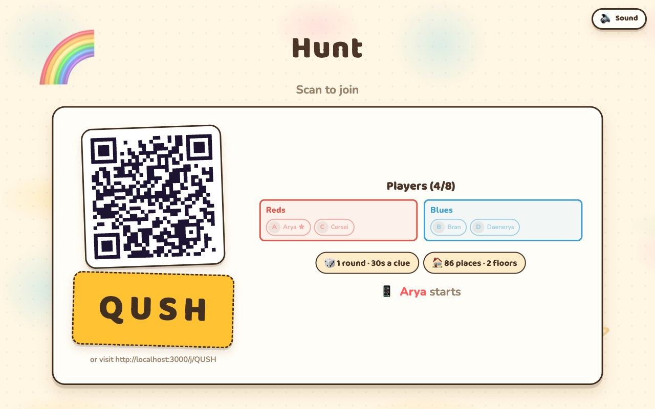 The Hunt lobby on a TV: a QR code, the room code, two team panels — Reds with Arya and Cersei, Blues with Bran and Daenerys — chips reading '1 round - 30s a clue' and '86 places - 2 floors', and a line naming the host who starts it