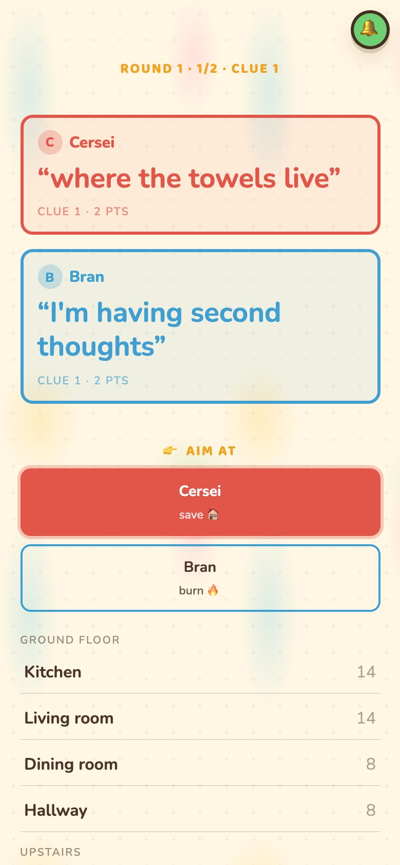Arya's phone showing the two clue cards, an 'Aim at' toggle with two buttons reading 'Cersei save' and 'Bran burn' with the first selected and filled red, and the room-by-room list of hiding places beneath
