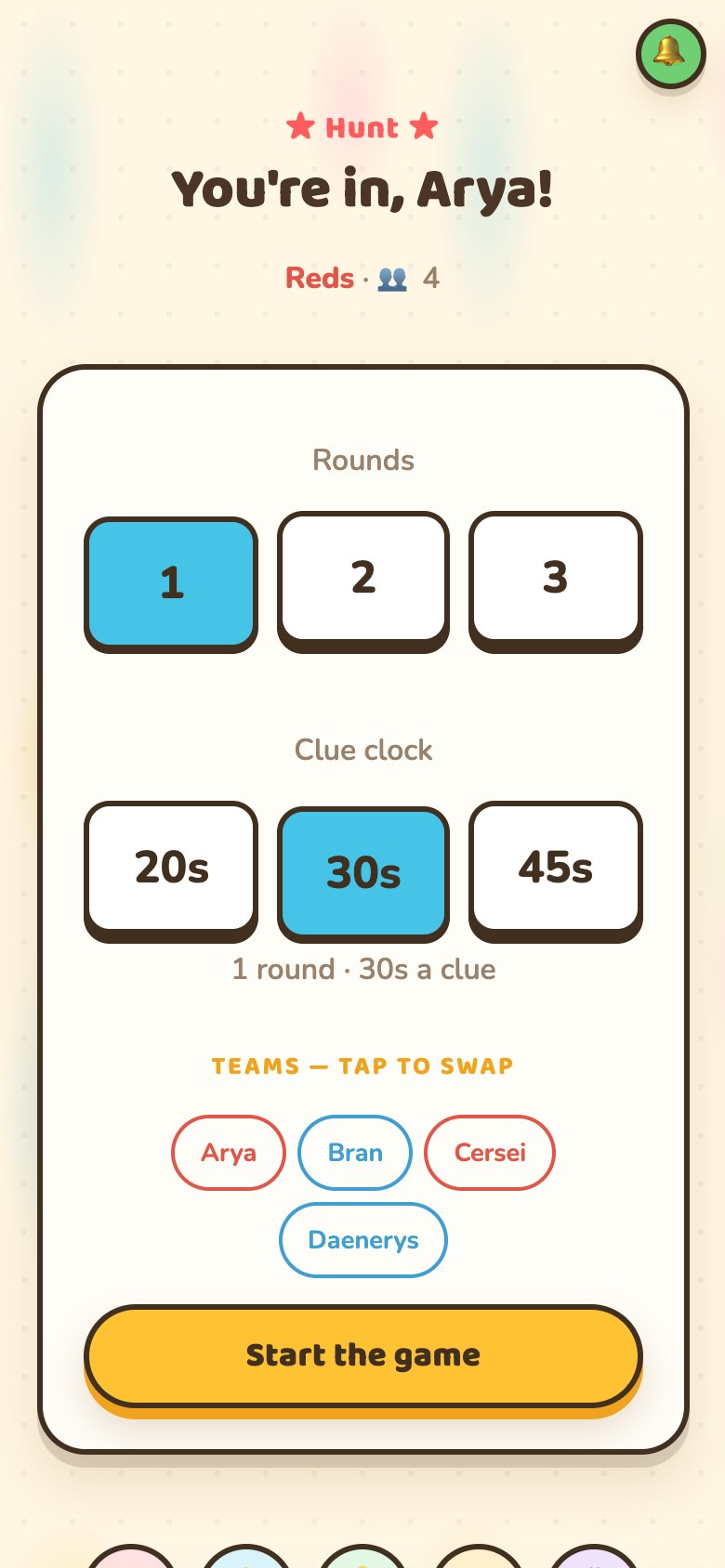 A phone showing 'You're in, Arya!' with 'You're on the Reds', a picker for how many rounds, a second picker for how long a clue stays up, a row of names to swap between teams, and a Start the game button