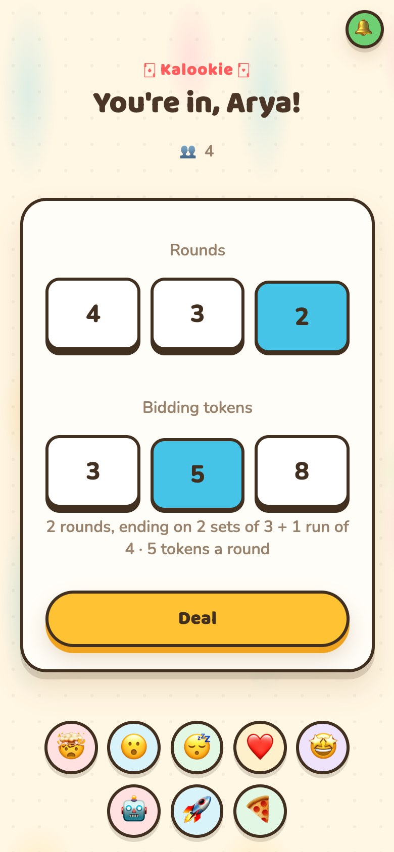 The host's phone in the lobby: a row of buttons labelled Rounds — four, three or two — a second row for three, five or eight bidding tokens, and a Deal button