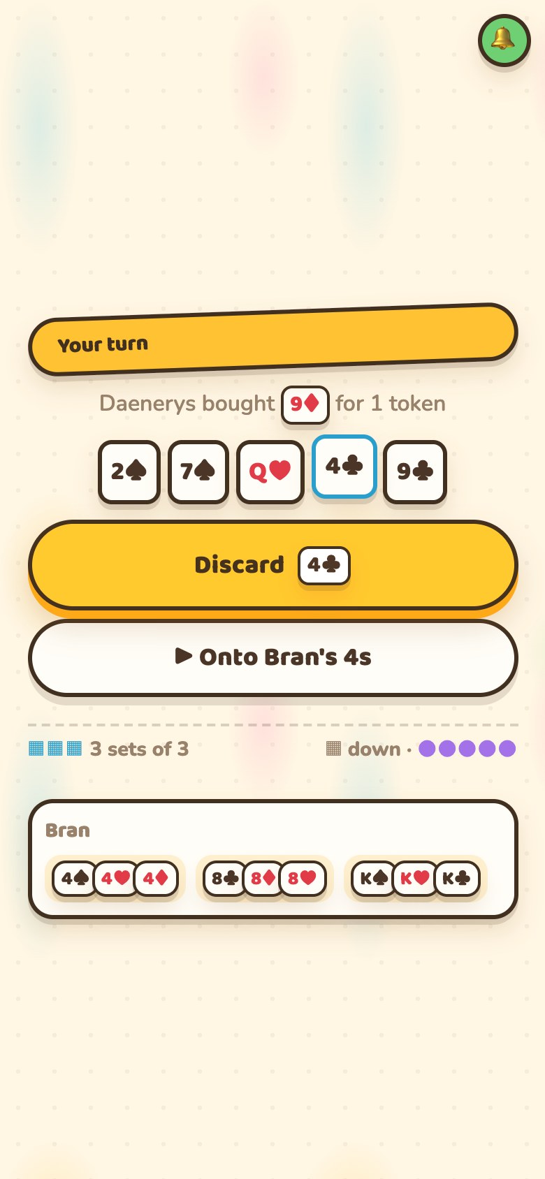 A phone after laying down: the hand with one card selected, and beneath it a Discard button and a button offering to add that card onto a set already on the table