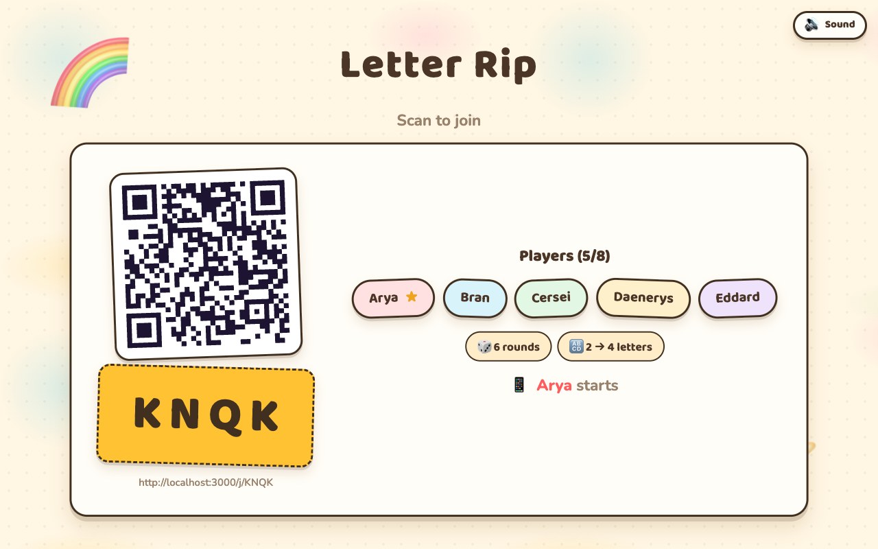 The Letter Rip lobby on a TV: a QR code, the room code, five joined players, and the number of rounds the game will run
