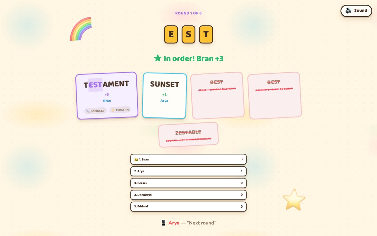 A Letter Rip reveal: the letter block, one in-order word worth three with longest and first-in badges, one word worth one, two struck matching words, one word marked not in the dictionary, and the standings