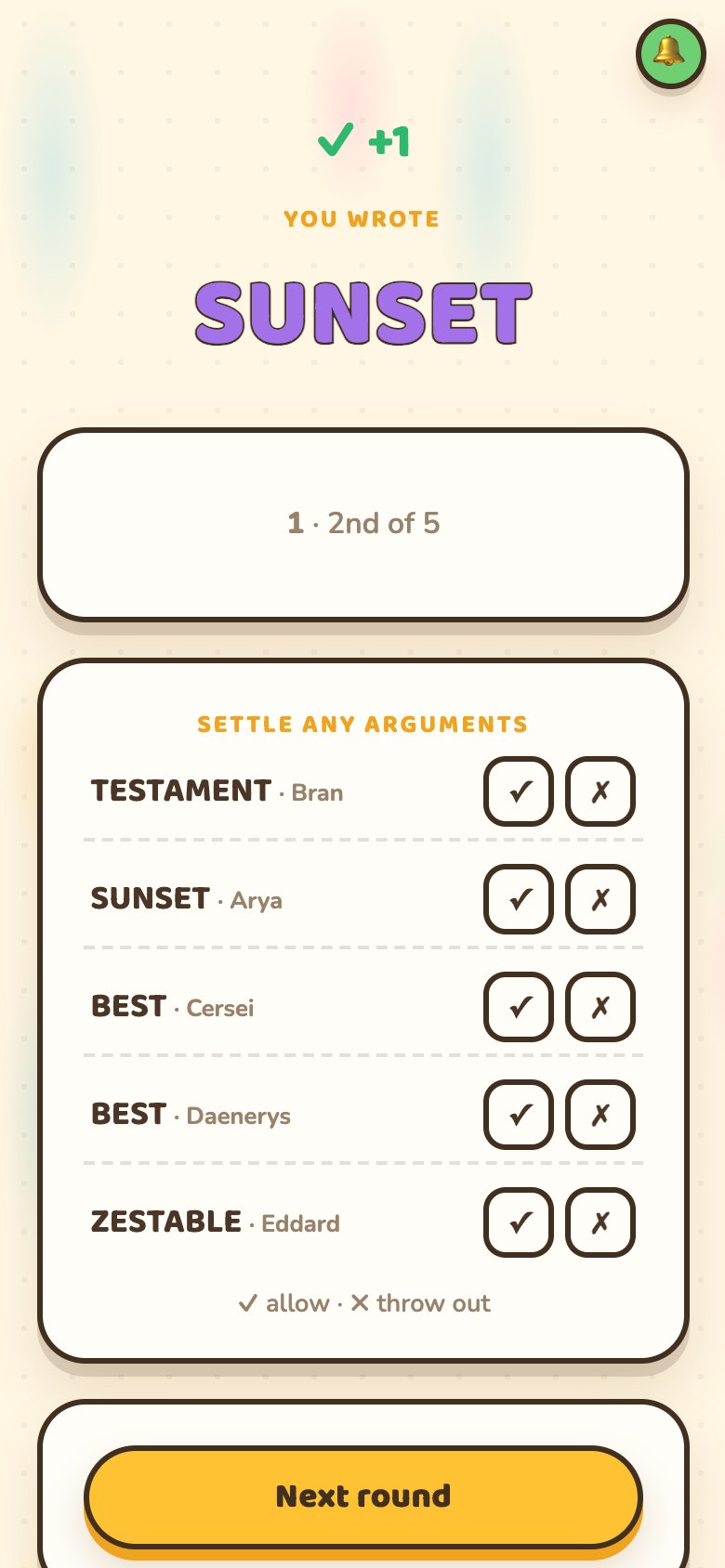 The host's phone on a reveal screen, with allow and reject controls beside each player's word and a Next round button