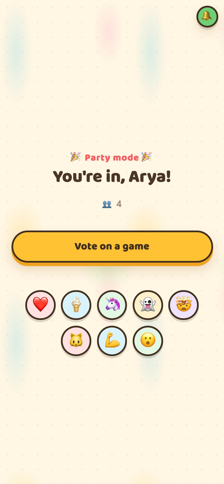 The host's phone in the party lobby, with a button reading Vote on a game