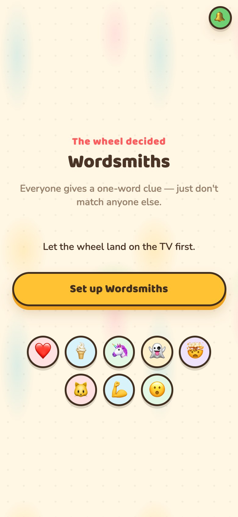The host's phone on the reveal screen, with a button to set up the winning game