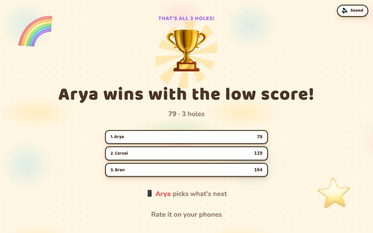 The Play Nine finished screen: the winner named and the final totals for all three players, lowest first
