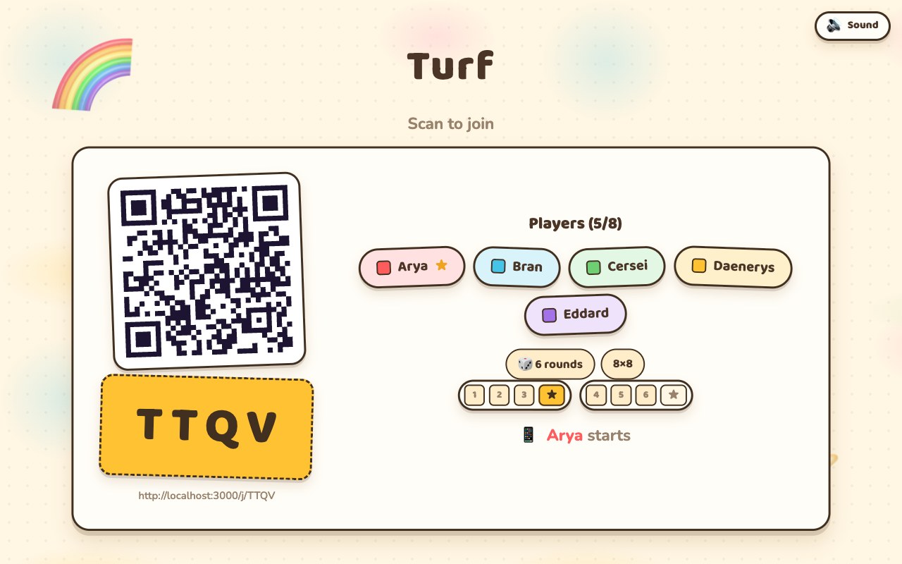 The Turf lobby on a TV: a QR code, the room code, five joined players each with a coloured square, chips reading '6 rounds' and '8x8', the count track showing two groups of three rounds with a star marking the payout after each, and a line naming the host who starts it