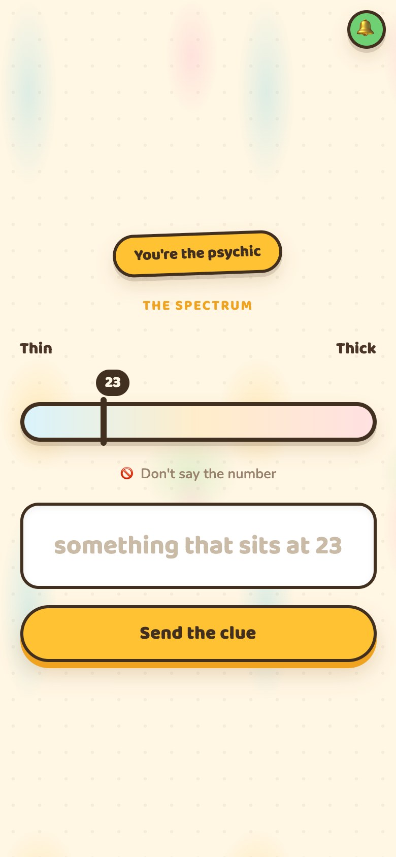 The psychic's phone: the spectrum with a target flag on it, the target number, and a box to type a clue into