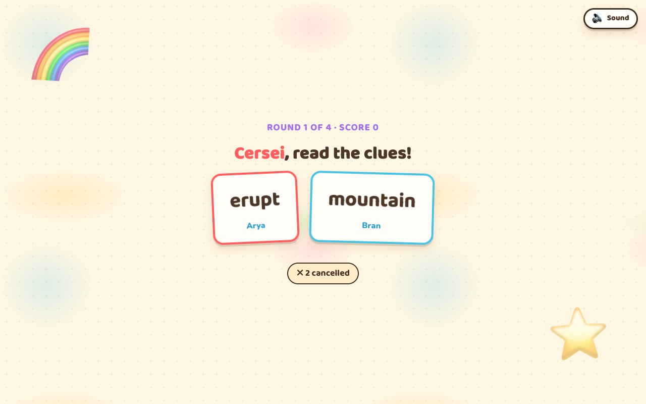 The Wordsmiths TV during guessing: two surviving clue cards, mountain and erupt, and a line reading two clues cancelled, revealed after the guess